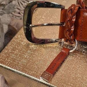 Michael Kors - Brown Woven Leather Belt with Silver Buckle - Size Large